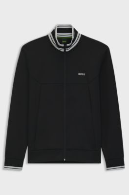 Cotton-blend zip-up sweatshirt with striped trims, Black