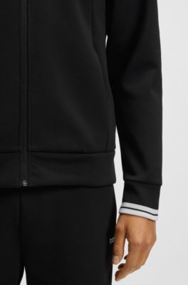 Sweatshirt van een katoenmix met ritssluiting en gestreepte details, Zwart