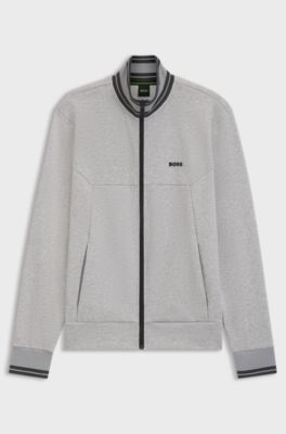 Cotton-blend zip-up sweatshirt with striped trims, Grey