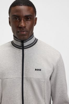 Cotton-blend zip-up sweatshirt with striped trims, Grey