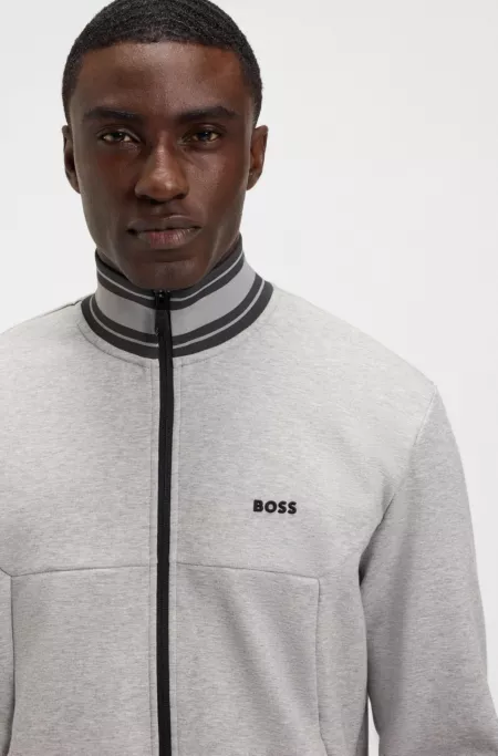 Cotton-blend zip-up sweatshirt with striped trims