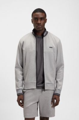 Cotton-blend zip-up sweatshirt with striped trims, Grey
