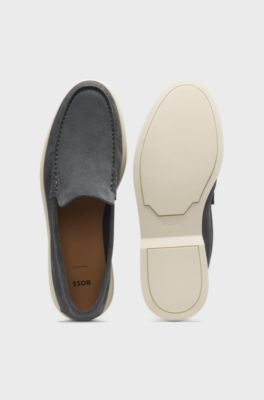 Loafer aus Veloursleder mit gepr&auml;gtem Logo, Dunkelgrau