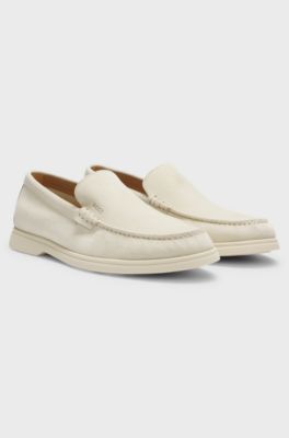 Suede loafers with embossed logo, White