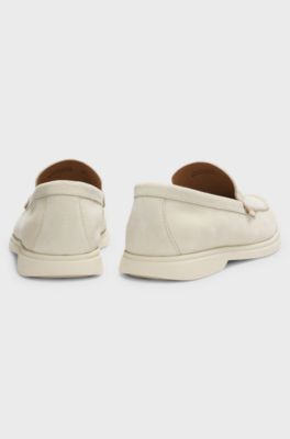 Suede loafers with embossed logo, White