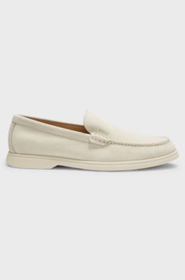 Suede loafers with embossed logo, White