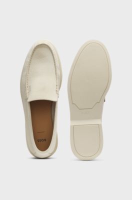 Suede loafers with embossed logo, White