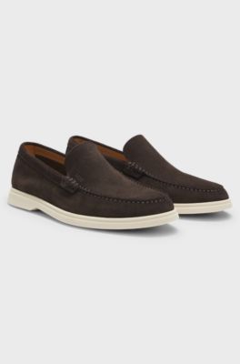 Ruskindsloafers med pr&aelig;get logo, M&oslash;rkebrun