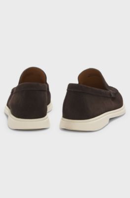 Suede loafers with embossed logo, Dark Brown