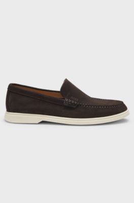 Mocassins en cuir su&eacute;d&eacute; avec logo emboss&eacute;, Marron fonc&eacute;