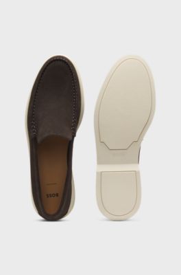 Mocassins en cuir su&eacute;d&eacute; avec logo emboss&eacute;, Marron fonc&eacute;