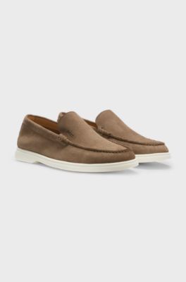 Suede loafers with embossed logo, Beige