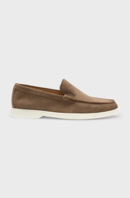 Suede loafers with embossed logo, Beige