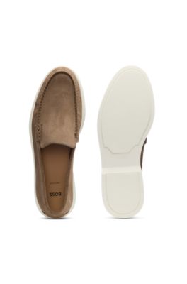 Suede loafers with debossed logo, Beige