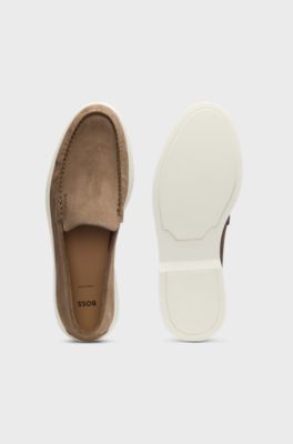 Suede loafers with embossed logo, Beige