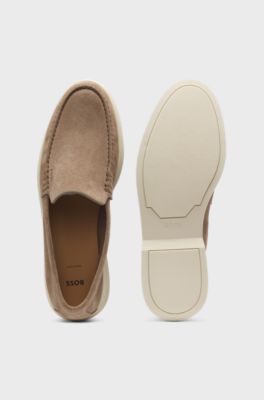 Suede loafers with embossed logo, Beige