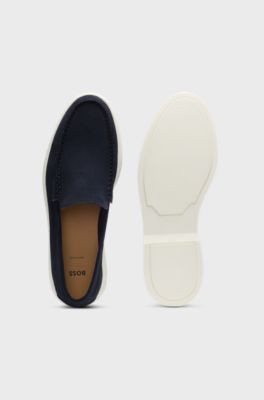 Suede loafers with embossed logo, Dark Blue