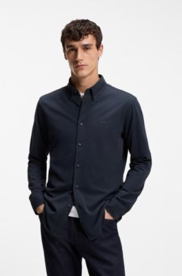 Slim-fit overhemd van katoenen jersey, Donkerblauw