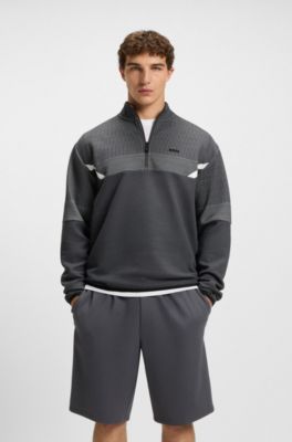 Relaxed-fit zip-neck sweatshirt with quilted jacquard, Dark Grey