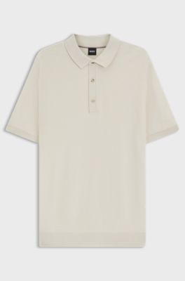 Regular-fit knit polo blended with cotton, Natural
