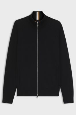 Zip-up cardigan in cotton and virgin wool, Black
