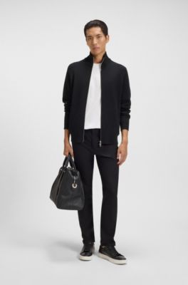 Zip-up cardigan in cotton and virgin wool, Black