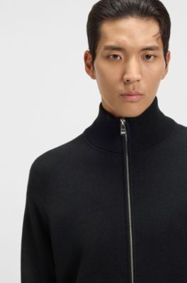 Zip-up cardigan in cotton and virgin wool, Black