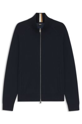 Zip-up cardigan in cotton and virgin wool, Dark Blue