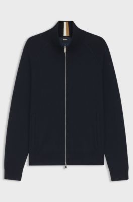 Zip-up cardigan in cotton and virgin wool, Dark Blue
