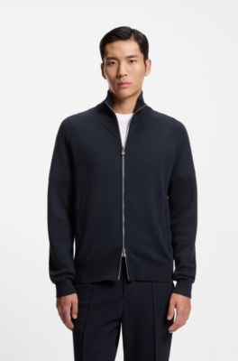 Zip-up cardigan in cotton and virgin wool, Dark Blue