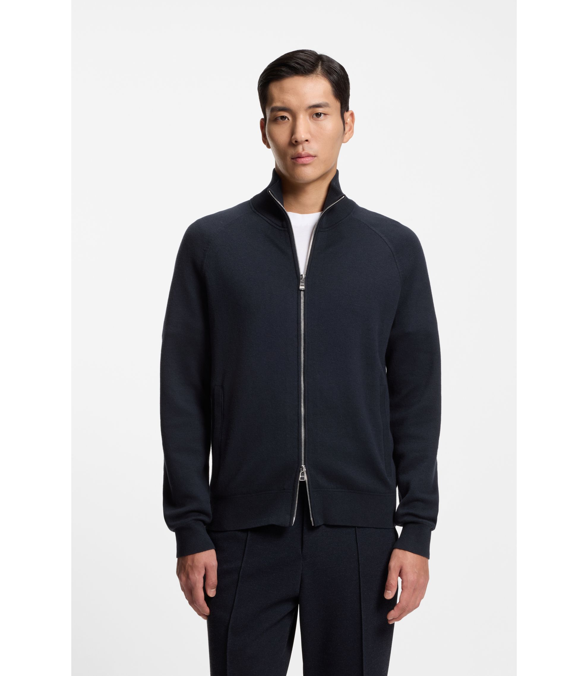 BOSS - Zip-up cardigan in cotton and virgin wool - Dark Blue