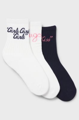 Three-pack of short-length ribbed socks with slogans, White / Black