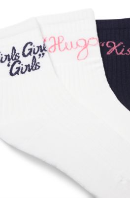 Three-pack of short-length ribbed socks with slogans, White / Black