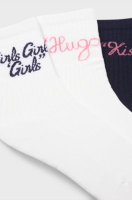 Three-pack of short-length ribbed socks with slogans, White / Black