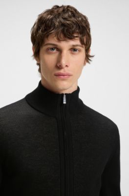 Cardigan zipp&eacute; en laine vierge, Noir