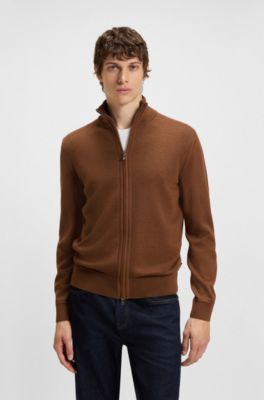 Zip-up cardigan in virgin wool, Brown