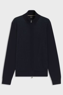 Cardigan in lana vergine con zip, Blu scuro