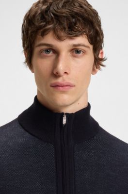 Zip-up cardigan in virgin wool, Dark Blue