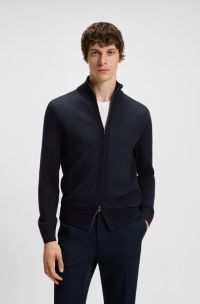 Zip-up cardigan in virgin wool, Dark Blue