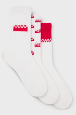 Lot de trois paires de chaussettes mi-hautes &agrave; logos revisit&eacute;s, Blanc