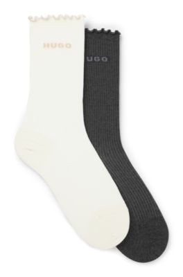 Zweier-Pack mittelhohe Socken mit gekr&auml;uselten B&uuml;ndchen, Wei&szlig; / Grau