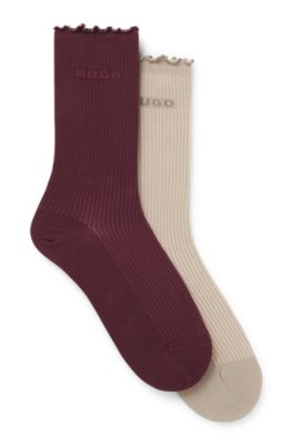 Zweier-Pack mittelhohe Socken mit gekr&auml;uselten B&uuml;ndchen, Dunkelrot / Beige