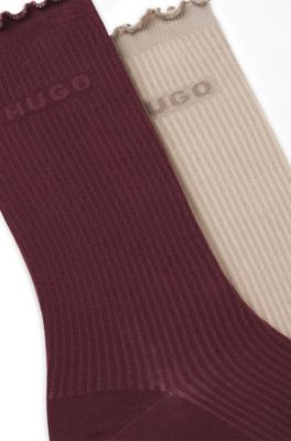 Two-pack of regular-length socks with lettuce cuff, Dark Red / Beige