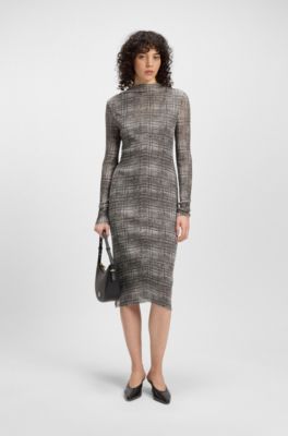 Pliss&eacute;-tulle dress with modal lining, Grey Patterned