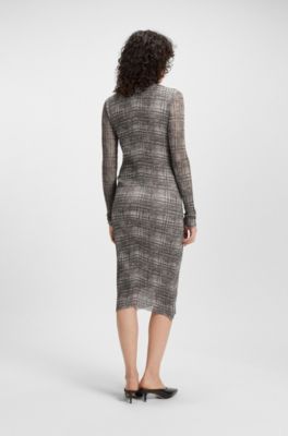 Pliss&eacute;-tulle dress with modal lining, Grey Patterned