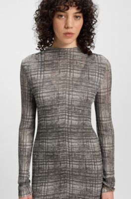 Pliss&eacute;-tulle dress with modal lining, Grey Patterned