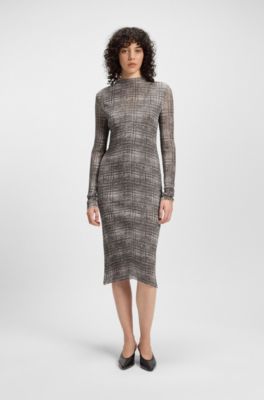 Pliss&eacute;-tulle dress with modal lining, Grey Patterned