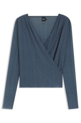 Wrap-front top in pliss&eacute; tulle, Blue