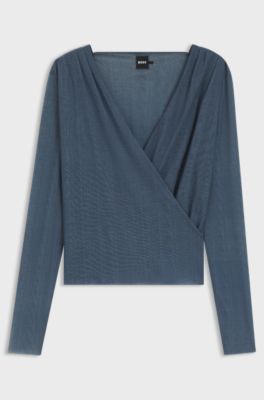 Wrap-front top in pliss&eacute; tulle, Blue