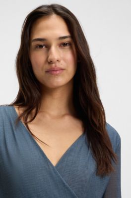 Wrap-front top in pliss&eacute; tulle, Blue